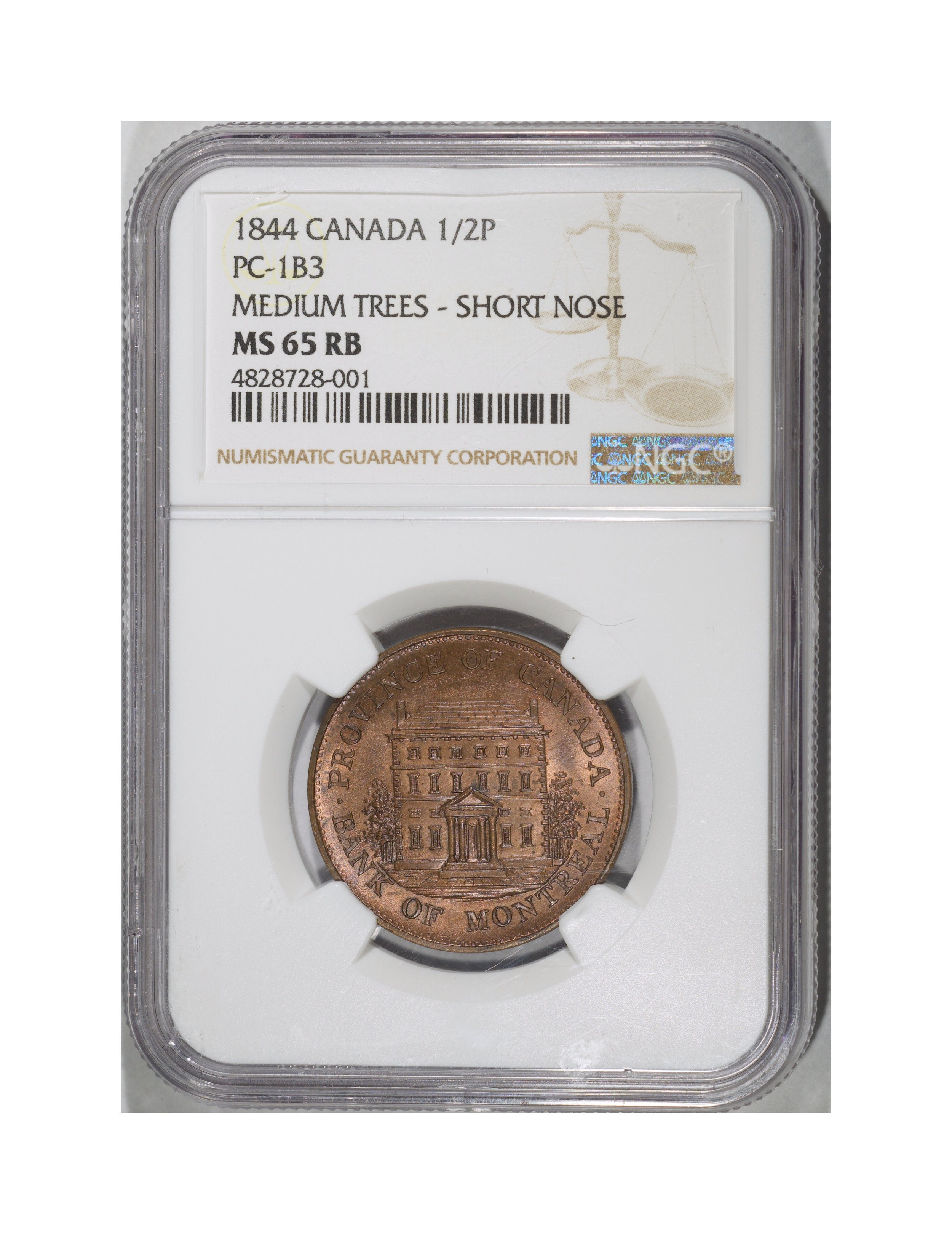 1844 Bank of Montreal Halfpenny, Breton-527, PC-1B3, MS65 Red and